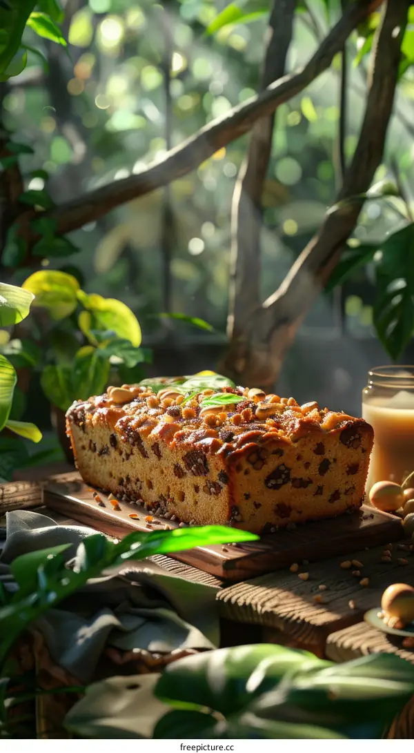 Close-up of banana bread on a table in the jungle