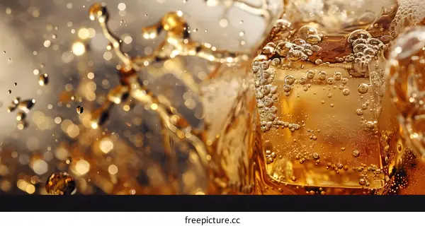 Closeup of Ice Cubes in Sparkling Brown Liquid