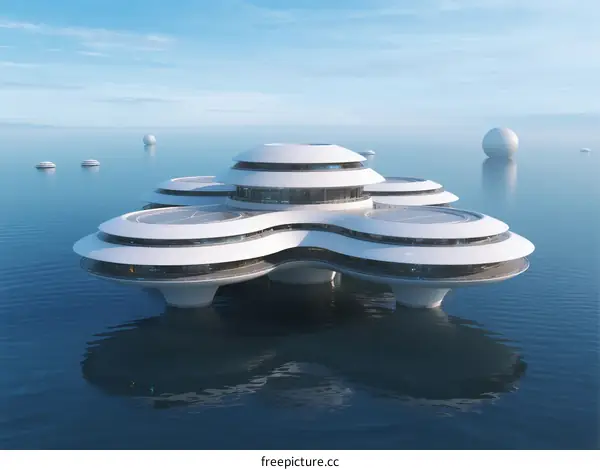 Futuristic Floating Building with Circular Architecture in Calm Water