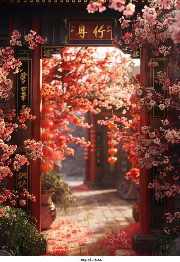 Springtime Chinese Courtyard Scene Illustration