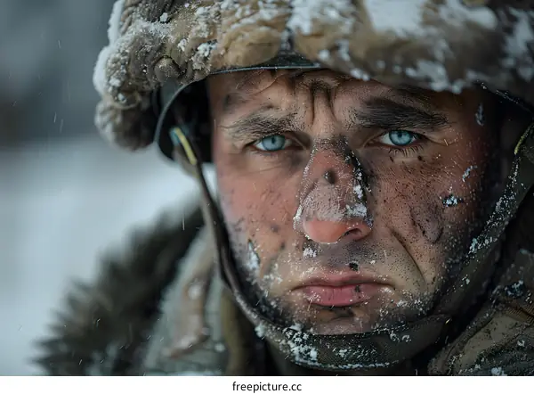 Close Up Portrait of a Soldier Covered in Snow
