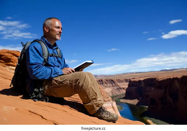 Caucasian Man Sitting on a Cliff Reading a Book