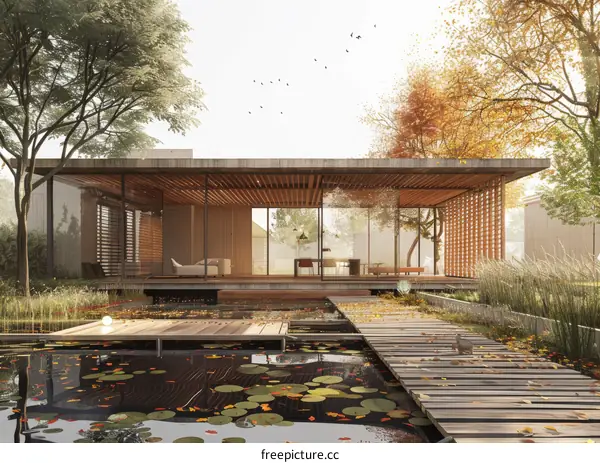 Modern House with Glass Walls and Pond Reflection