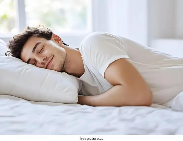 Young Man Sleeping in Bed with White Sheets and Pillow