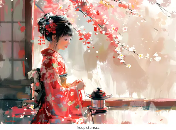 A Japanese woman wearing a kimono is sitting by the window. There are cherry blossoms outside the window.