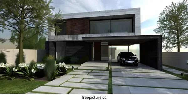 Modern House Exterior Design with Carport and Greenery