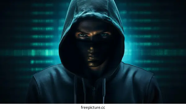 Masked Hacker Wearing Black Hoodie and Binary Code on Blue Background