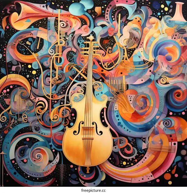 Colorful abstract painting of a violin with musical notes