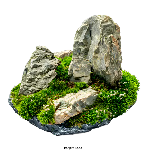 [Transparent Background PNG]Small Miniature Rock Garden With Green Moss