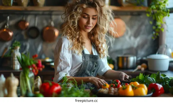 curly blonde woman chopping vegetables in the kitchen