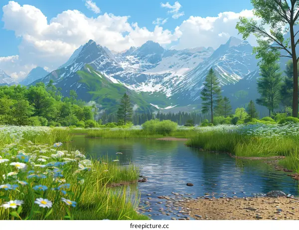 Breathtaking Mountain Landscape with River and Flowers