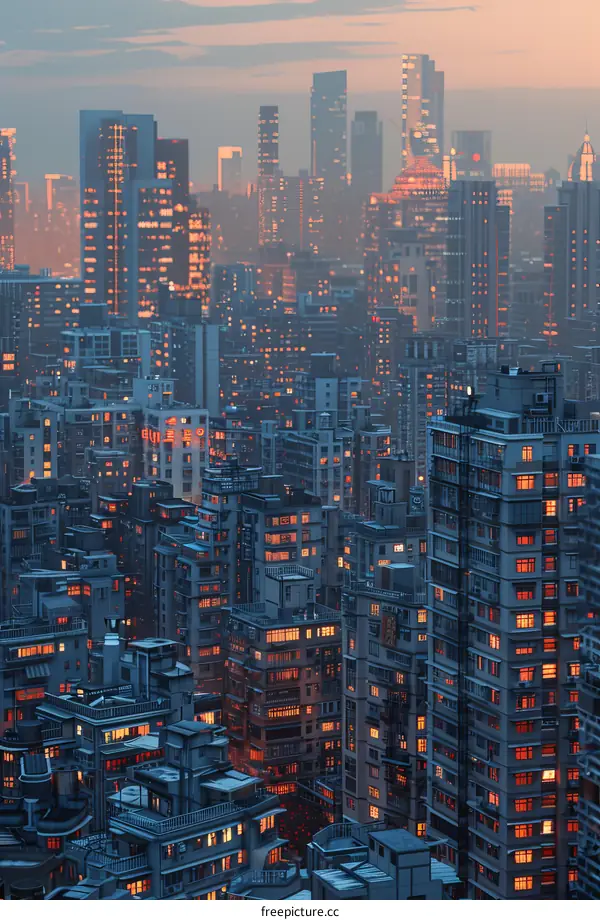 City Skyline Panorama with Towering High-Rise Buildings at Sunset