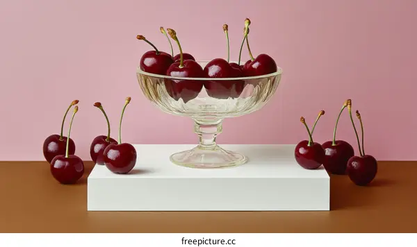Fresh Cherries in a Glass Bowl on a White Stand