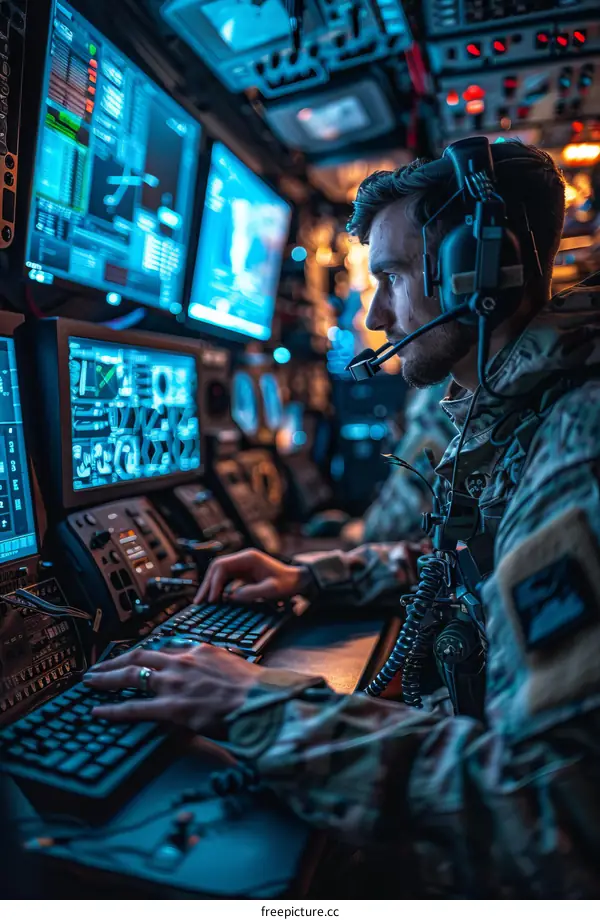 A soldier operates a computer system in a military control room.