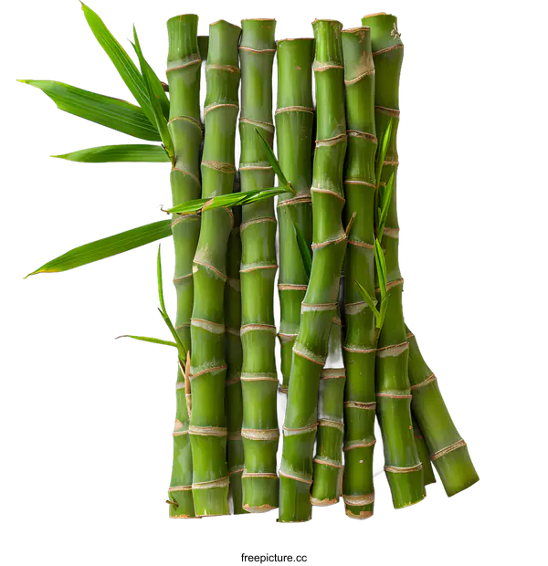 [Transparent Background PNG]Fresh green bamboo sticks with leaves on white background