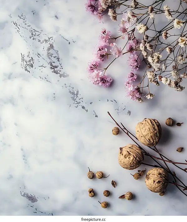 Dried Flowers and Nuts on Marble Background