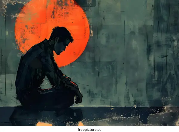 Man Sitting Alone with Orange Sun in the Background