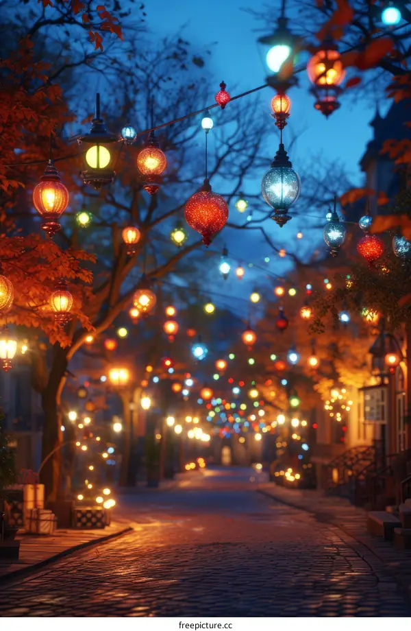 Colorful lanterns hanging over a street with autumn trees