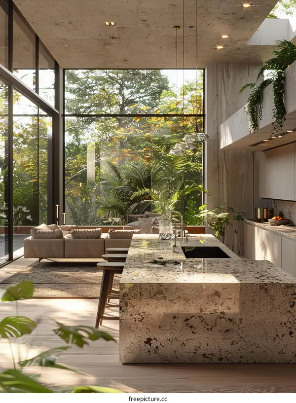 Modern Kitchen with Floor-to-Ceiling Windows and Greenery