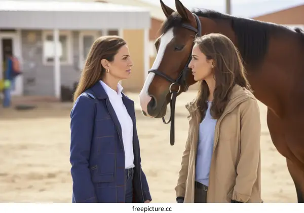 Two women are talking in front of a horse.