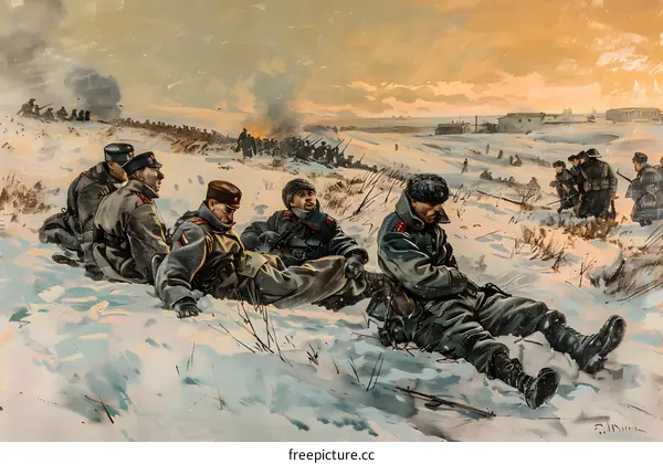 A group of soldiers resting in the snow during World War I