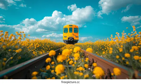 Train on Tracks through a Field of Yellow Flowers