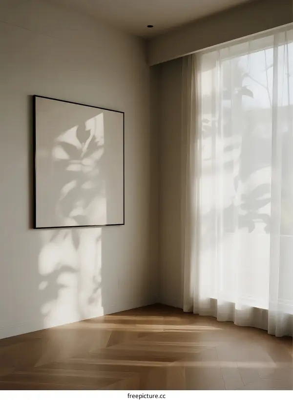 Sunlit Minimalist Room with White Curtains and Artwork