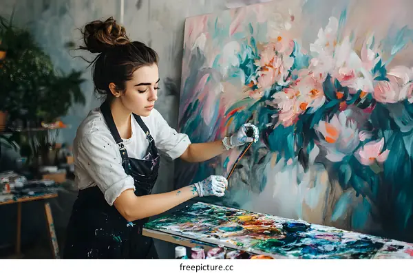 Woman Artist Painting Flowers in Her Studio