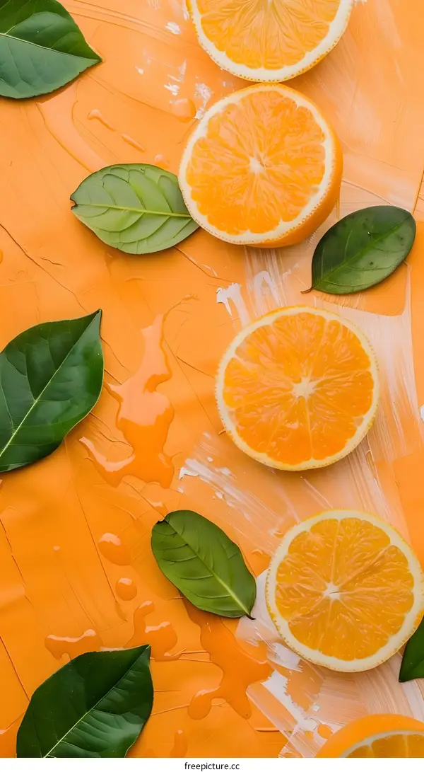 Fresh Orange Slices and Leaves on Orange Background
