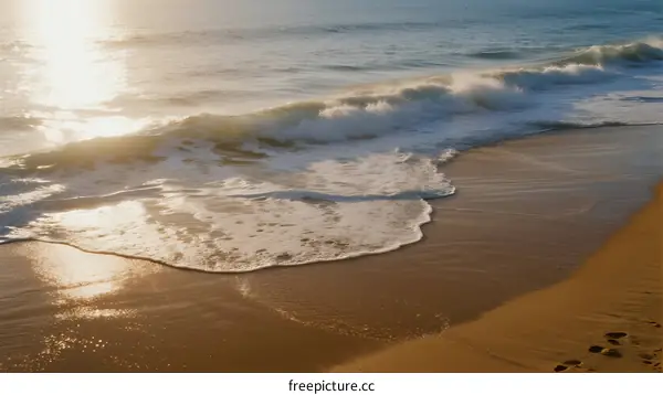 Golden sunlight reflecting on ocean waves rolling onto sandy shore