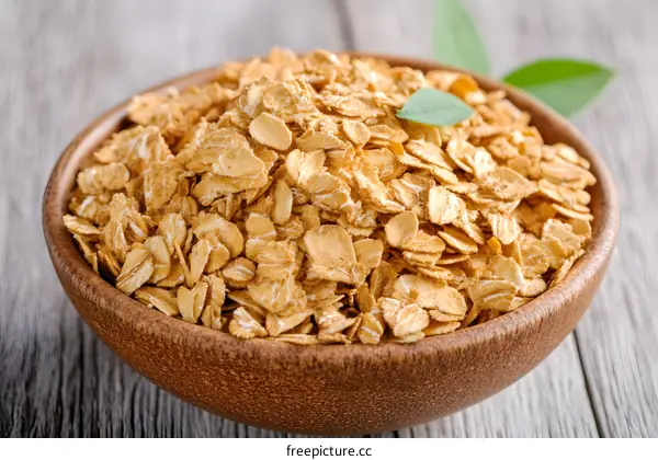 Rolled Oats in a Wooden Bowl on Wooden Background