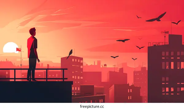 Silhouette of a Man Standing on a Rooftop at Sunset Overlooking Cityscape