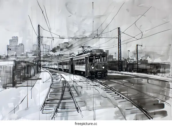 Black and White Watercolor Illustration of a Train on Tracks