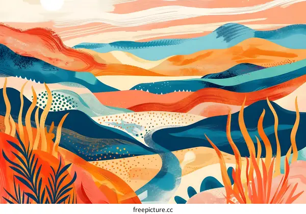 Abstract Landscape Illustration With Orange And Blue Colors