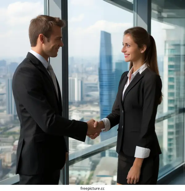 Business handshake between a man and a woman in suits with a cityscape in the background