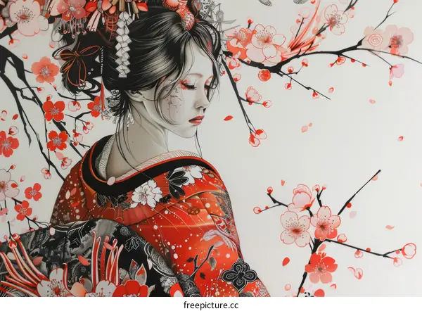 An illustration of a Japanese woman in a red kimono with cherry blossoms