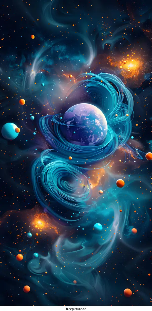 Blue and orange space scene with planet Earth