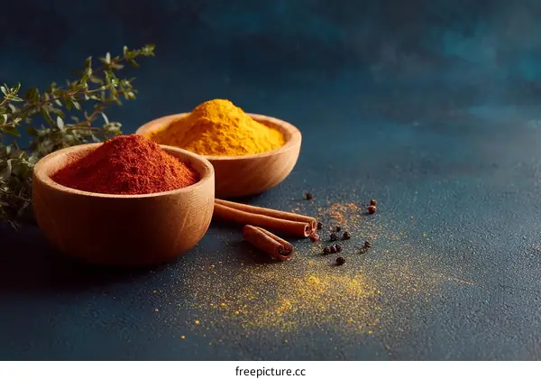 Colorful Spices and Herbs in Wooden Bowls