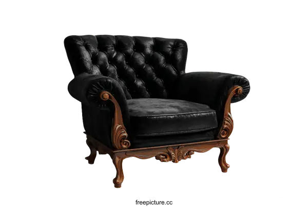 [Transparent Background PNG]Elegant Black Leather Armchair with Ornate Woodwork