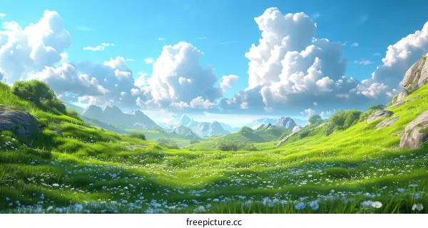 Green Meadow with Mountains and Blue Sky