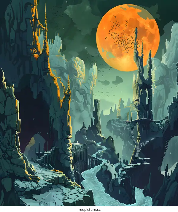 Fantasy Landscape with a Giant Orange Moon and Flying Birds