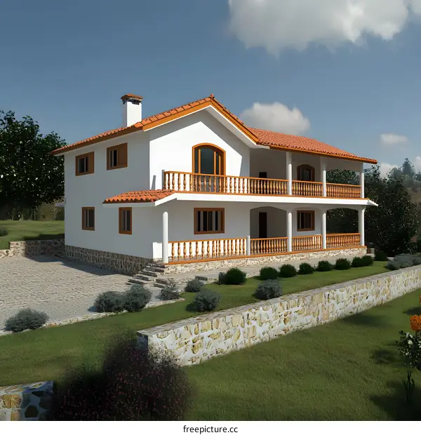 Modern Two Story House with Balconies and Stone Wall