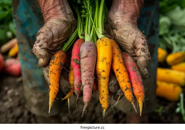 A farmer holding a handful of freshly harvested carrots