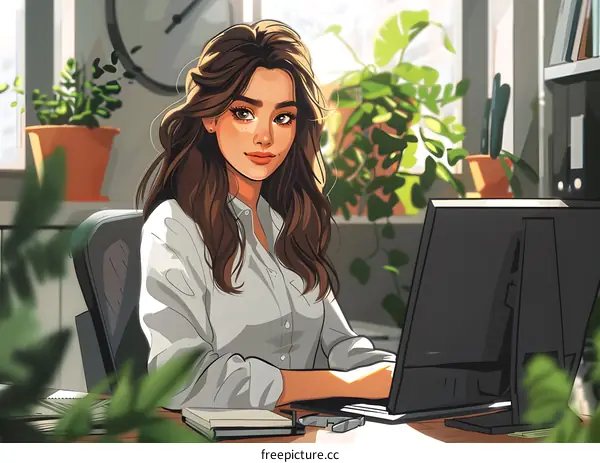 Beautiful Woman Working on a Computer in a Modern Office