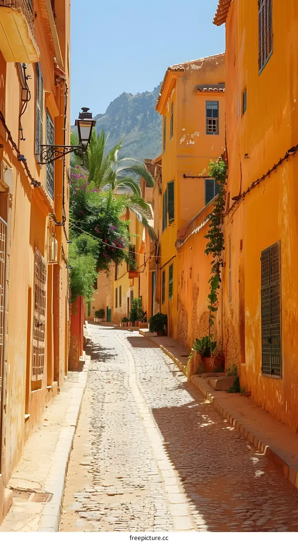 A narrow street with yellow buildings in a Mediterranean village