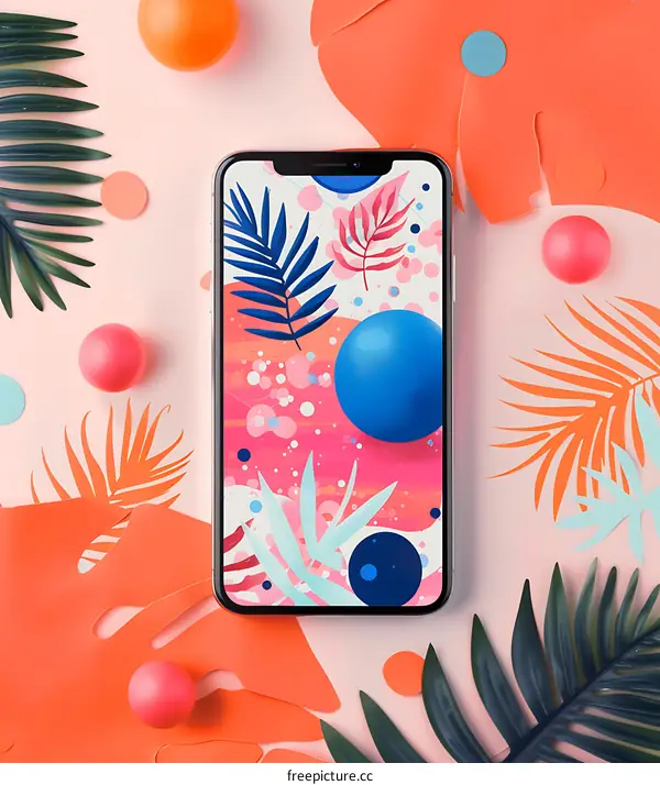 Phone Mockup with Abstract Summer Pattern Wallpaper