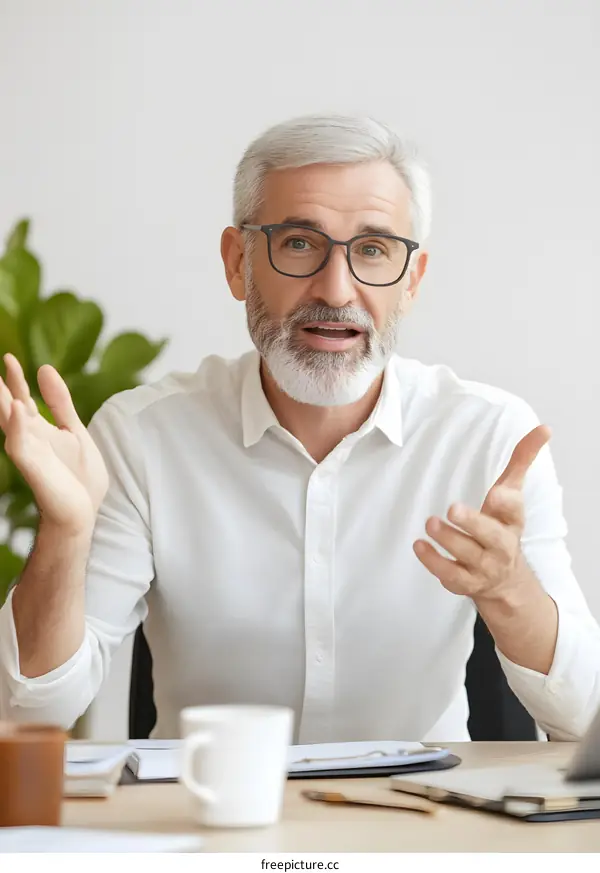 Caucasian Businessman in White Shirt Gesturing with Hands While Talking