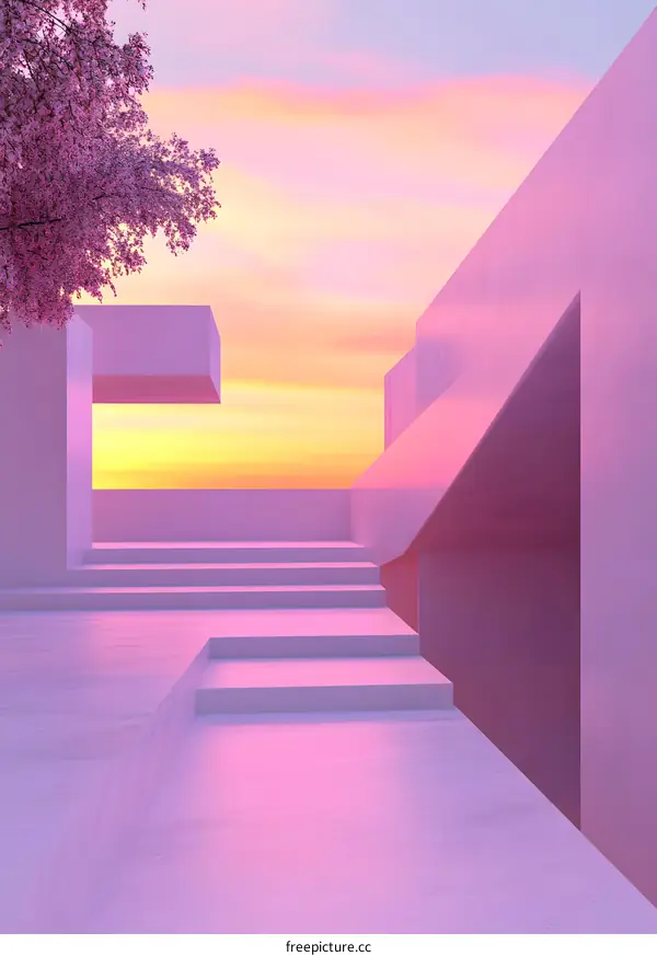 Abstract Minimalist Architecture with Pink Sunset