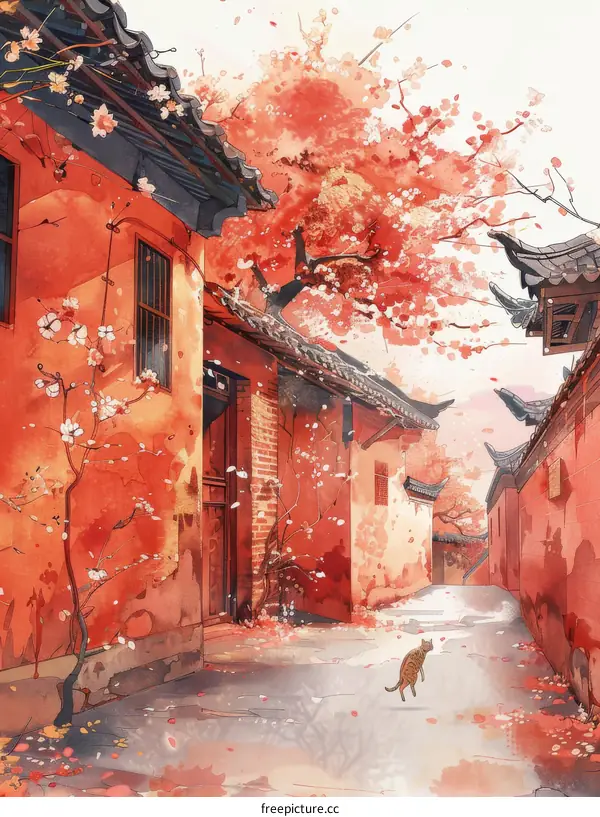 An illustration of a cat walking down a street in an ancient Chinese town