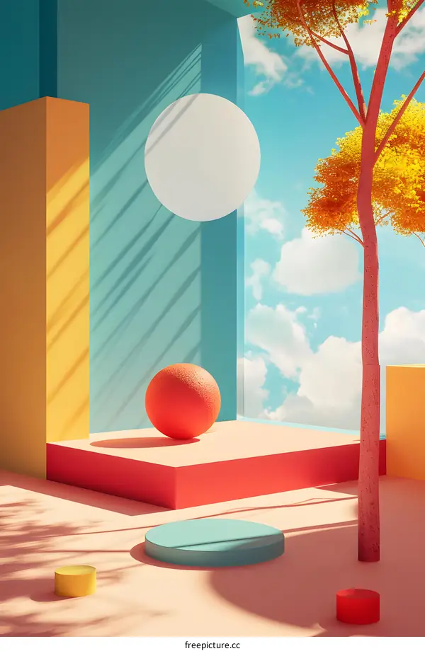 Abstract Minimalist 3D Illustration of Colorful Geometric Shapes and a Tree